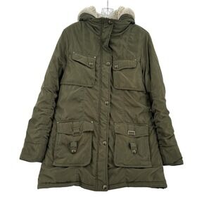 Triple Star Womens Olive Green Utility Parka Hooded Jacket Orange Lining Size L